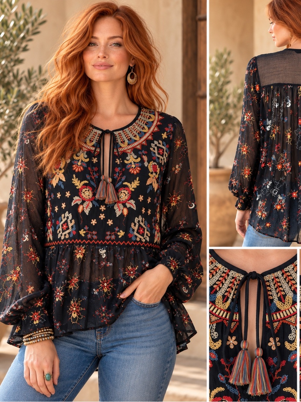 Zara Embroidered Peasant Blouse L Black Sheer Boho Folk Tassel Beaded